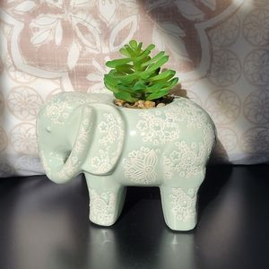 Blue Ceramic Elephant With Faux Succulent Planter Sachet Holder